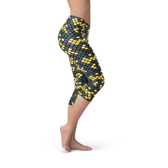 Mermaid Capri Leggings for Women with Dark Gray and Yellow Fish Scales