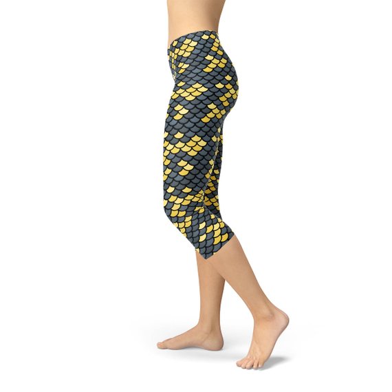 Mermaid Capri Leggings for Women with Dark Gray and Yellow Fish Scales